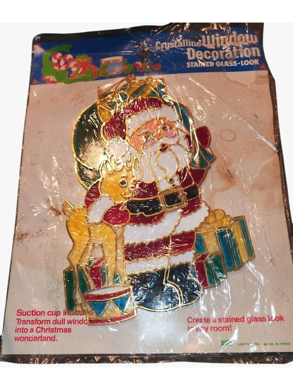 Vintage Xmas Window Decoration Stained Glass Look Santa & Reindeer AY